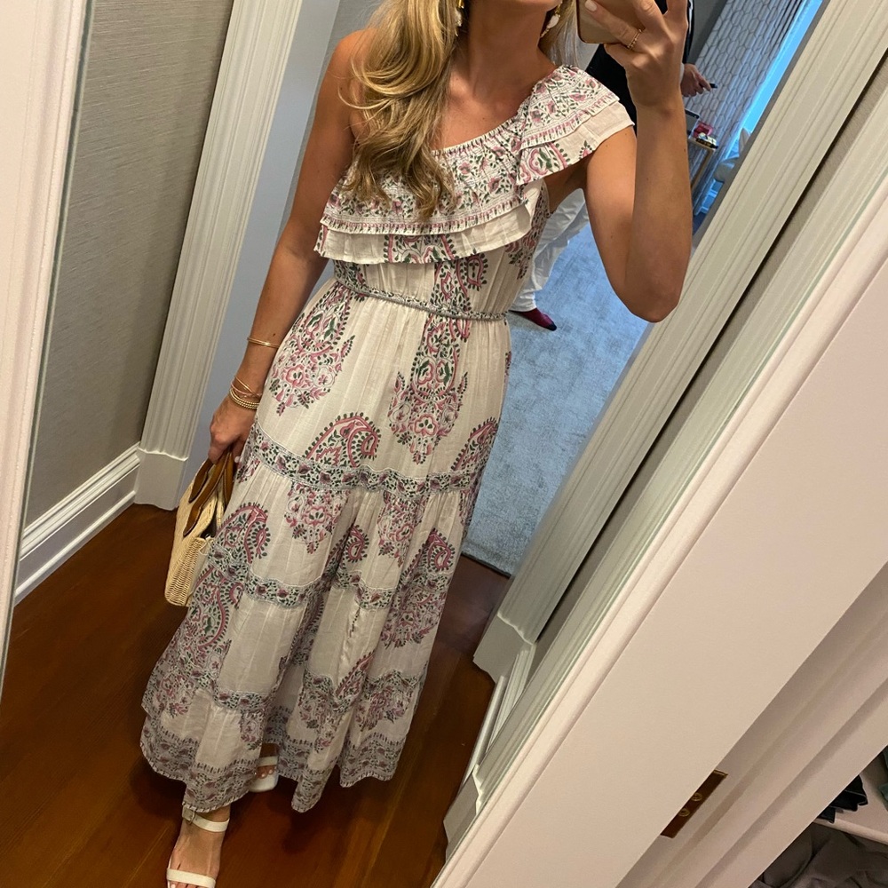 Belle Alexis One-Shoulder Cotton Maxi Dress in Cream and Pink Paisley